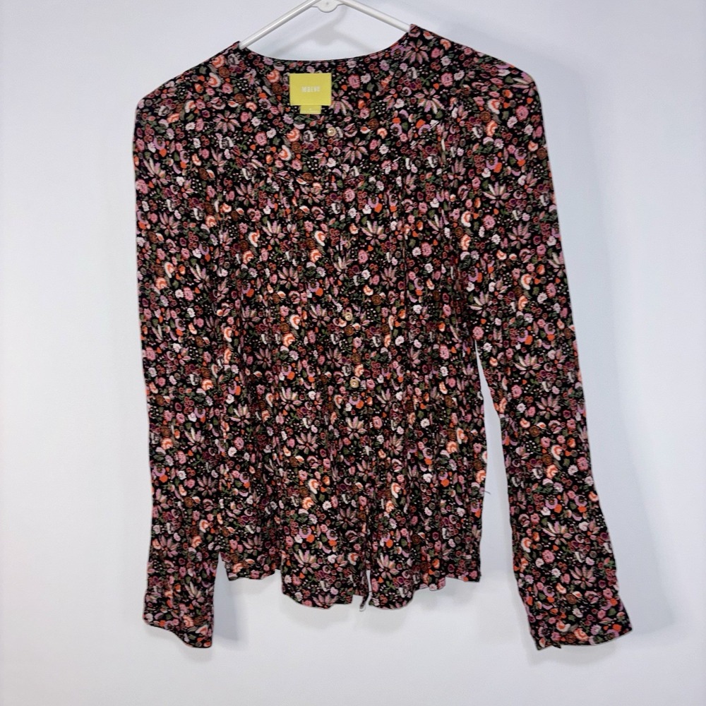 Maeve Anthropologie Floral Button-Up Blouse Black Long Sleeve Size S